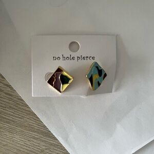 Enamel Abstract Diamond Stud Earrings in Teal, Yellow & Brown